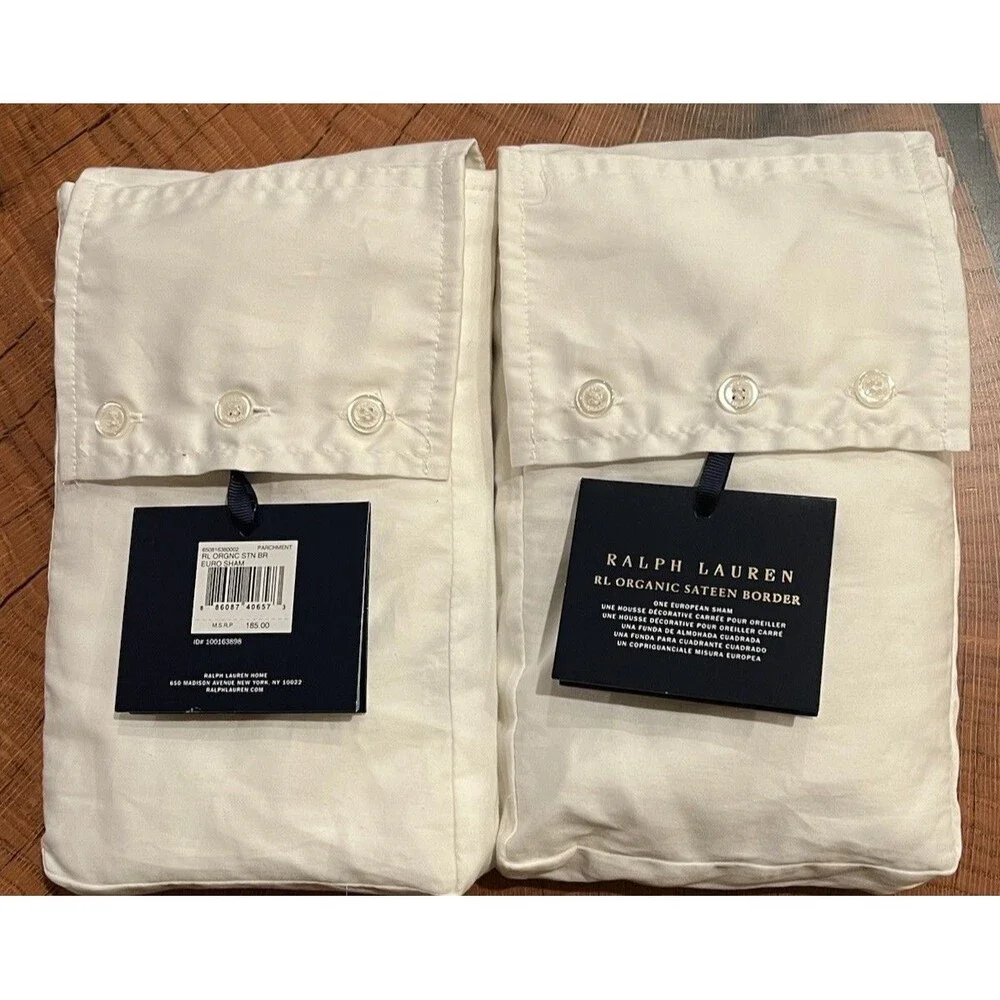 LOT 2 Ralph Lauren RL Organic Sateen Border European Shams 26x26” Parchment Whit